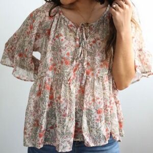 Blu Pepper Floral Print Tiered Peasant Blouse Top Women's Medium‎ Flutter Sleeve